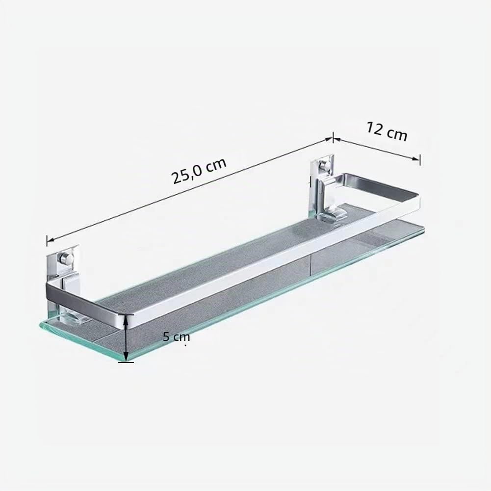 Estante de baño de vidrio templado rectangular de aluminio extra grueso color plateado arenado, montaje en pared, 25 cm