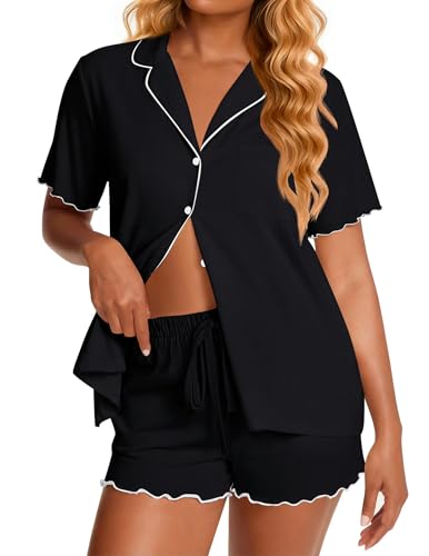 Image of Ekouaer Viscose from Bamboo Women Pajama Sets Button Up Cooling Pjs Short Sleeve Ruffle Sleepwear 2 Piece Lounge Shorts Set