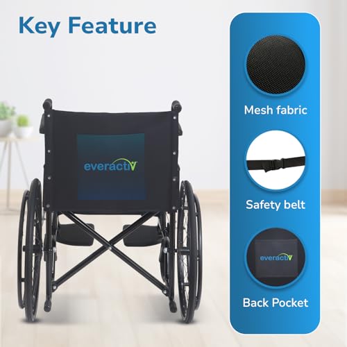 Image of Everactiv Economy Classic with spoke wheel with 1-Year Warranty | Heavy-Duty Frame, Strong Crossbar Support, Safety Seat Belt, Wide Padded Seat, Easy Folding Design, 120 kg Capacity | Wheelchair for Old Age Person | Black