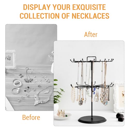 MyGift 2 Tier Black Metal Rotating Necklace and Bracelet Organizer Jewelry Stand with 24 Hooks, Multipurpose Accessory and Keychain Spinning Display Rack with Top Handle Card Holder2
