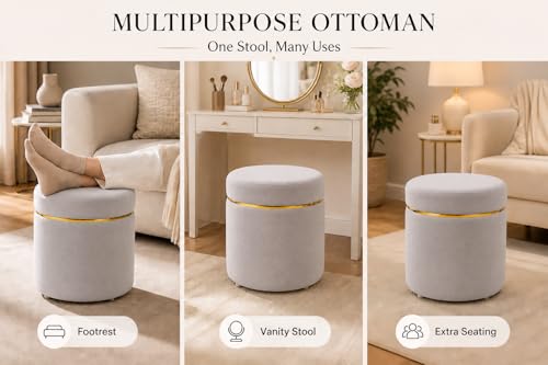 Image of Dence Store Modern Velvet Puffy Ottoman Stool for Living Room | Round Footrest Pouffe with Gold Accent Band | Soft Cushioned Seat for Dressing Table, Bedroom & Home Decor (Set of 2 Silver Grey)