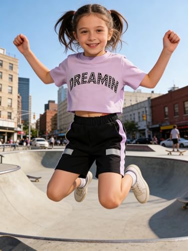 Image of Girls 3 Piece Summer Outfits Letter Print Crop Top Cami and Shorts Set Purple Black 9-10 Years