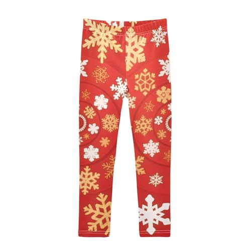 Xmas Gold Snowflakes on Red Girls Leggings Stretchy Dance Pants for Kids