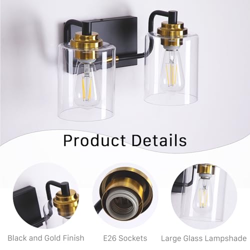 Image of Modern 2-Light Bathroom Vanity Light Fixture, Black and Gold Bathroom Light Fixtures Over Mirror with Large Clear Glass Shades, Farmhouse Wall Sconce for Bedroom Living Room, E26 Base