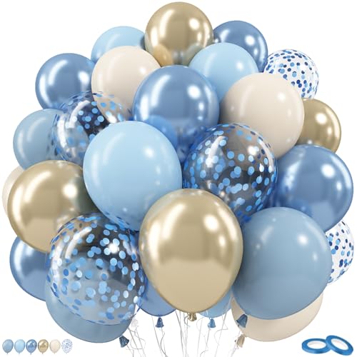 Image of Dusty Blue Gold Balloons, 60 Packs 12 Inch Blue Gold Balloon, Metallic Golden Blue Confetti Balloon with Sand White Balloon for Baby Shower Bridal Shower Gender Reveal Birthday Wedding Party