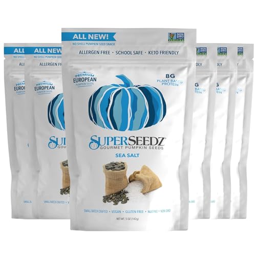 SuperSeedz Dry Roasted Pumpkin Seeds - Sea Salt Pepitas, Whole 30, Paleo, Vegan & Keto Snacks, 8g Plant Based Protein, Produced In USA, Dairy Free, Nut Free, Gluten Free Snack (5oz, 6-pack)