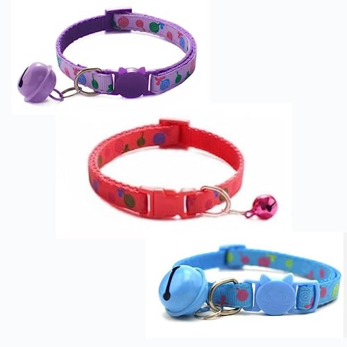 Image of Cat Collar Set Of 3 With Bell,Kitten Kitty & Small Dogs Soft Adjustable Collar,Safe,Breakaway For Cats And Puppies-Red,Purple,Blue (Lollipop Design),?14 cm,W 2 cm