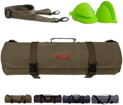 Chef Knife Roll Bag – 12oz Water-Resistant Waxed Canvas – Heavy-Duty Portable Knife Case with 11 Slots for Cleavers, Carving Knives & Chef Tools – Bonus Oven Mitts Included (Army Green)