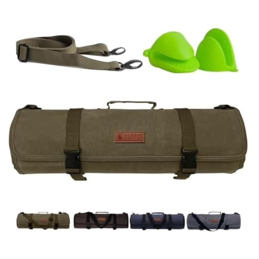 BAOBAB COUNTY Chef Knife Roll Bag – Premium 12oz Waxed Canvas Chef Knife Case, 11 Slots – Ideal Chef's Knife Bag for Carving Knives, Cleaver, Chef Tools & Utensils – Army Green – Oven Mitts Included
