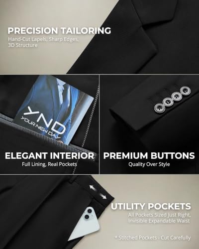 Image of YND Men's 3 Piece Suit with Tie, Solid Color Slim Fit Jacket Vest and Pants