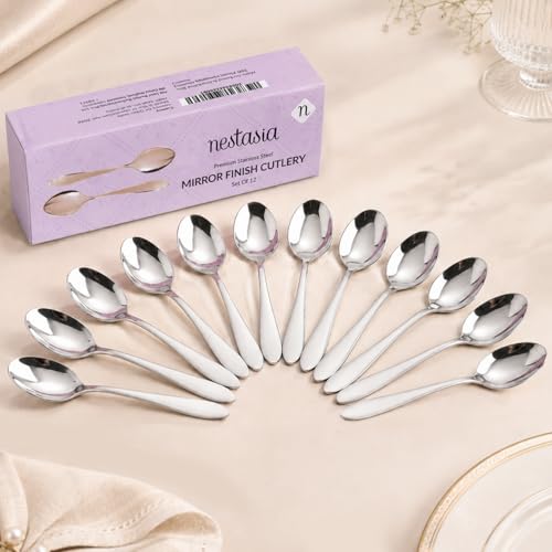 Image of Nestasia Stainless Steel 12 Piece Cutlery Set for Dining Table - Rust & Stain Resistant Spoons with Glossy Finish | Silver PVD-Coated Flatware Set for Home, Kitchen & Gifting