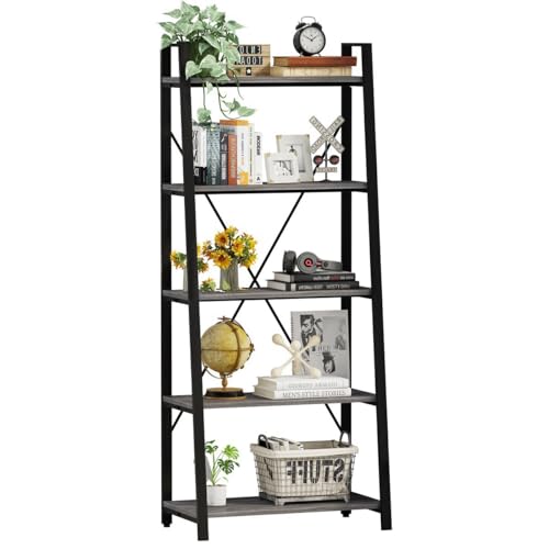 BON AUGURE 5-Tier Ladder Shelf, Industrial Leaning Bookcase, Wood and Metal Ladder Bookshelf for Living Room, Bedroom, Kitchen, Home Office (Grey Oak)