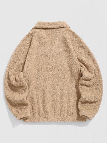 ZAFUL Men's Fluffy Fuzzy Teddy Sweatshirt Solid Color V Neck Casual Stand Collar Pullover Sweatshirts (10-Light Coffee, XL)2