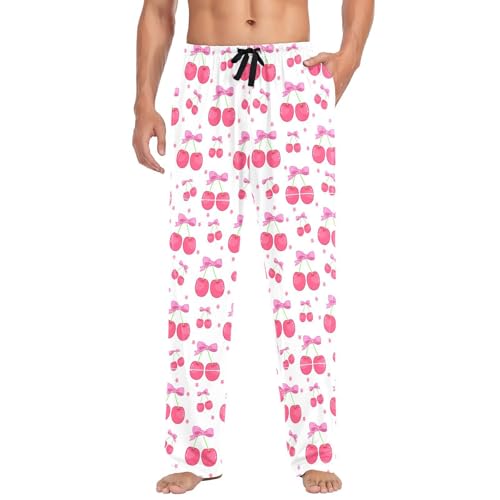 Men's Pink Bows Pajama Pants with Pockets - Straight Fit Cotton Sleep Bottoms for Lounge & Nightwear#259