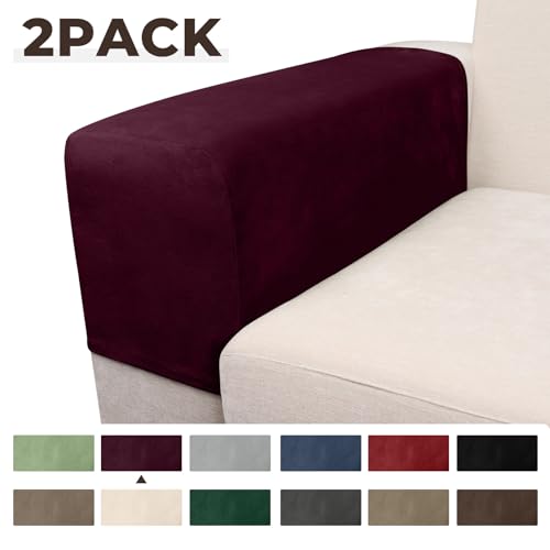 Image of Couch Arm Covers 2 Pcs Sofa Armrest Covers Stretch Couch,Armrest Cover for Chairs Scratch-Resistant Sofa Arm Cover Armchair Slipcovers,Wine