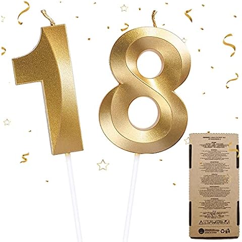 ZAWTR 18th Birthday Candles, Numeral Candles Happy Birthday Cake Candles-Number 1 & Number 8 Birthday Candle, Gold Number Candles Cake Topper Decoration for Birthday Wedding Anniversary Celebration Cover