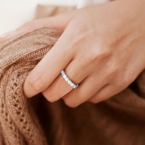 7 Stone 2mm Stackable Rings S925 Sterling Silver Created Birthstone & Cubic Zirconia Ring for Women Half Eternity Band Wedding Anniversary Ring Size 6 to 10(with Box)2