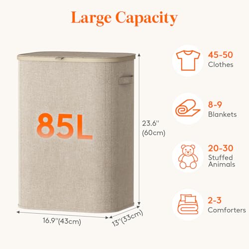 Image of Lifewit 85L Large Laundry Basket with Lid, Laundry Hamper with Plastic Handles and Removable Bag, Foldable Tall Dirty Clothes Hampers for Laundry for Laundry Room, Bedroom, Bathroom, Dorm, Beige