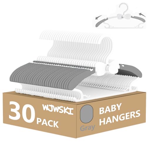 Image of WJWSKI Kids Hangers for Closet, 30 Pack Baby Clothes Hanger, Adjustable Toddler Hangers for Boy Nursery, Cascading Plastic Perchas for Newborn Babies Children Infant, Space Saving Perchas Bebés, Grey
