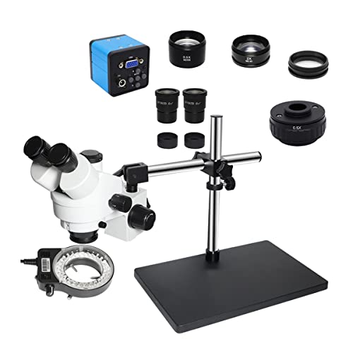 顕微鏡キット 3.5X-90X サイマルフォーカル三眼実体顕微鏡 360度調整可能なデュアルアームサポート ユニバーサルステレオ顕微鏡スタンドテーブル付き 顕微鏡レンズアダプター(VGA 0.5X C mount)