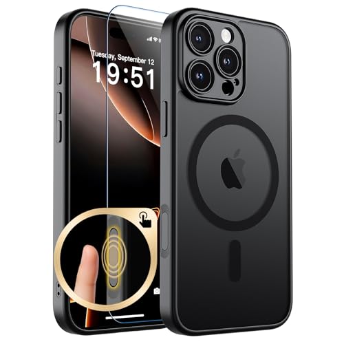SUPFINE Magnetic for iPhone 16 Pro Max Case with Camera Control Button [Full Camera Protection][1+Tempered Glass Screen Protector] Slim Translucent Matte Shockproof Phone Cover Black