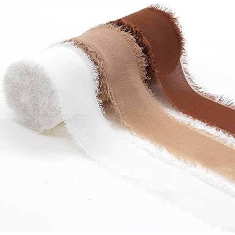 WEIERYUE 1.5" x 7 Yards Set of 3 Rolls Chiffon Tassel Ribbon Handmade Chiffon Ribbon Silky Frayed Ribbon for Wedding Invitations, Bouquets, Gift Wrapping, DIY Crafts (Dark Brown-Champagne Series) Cover