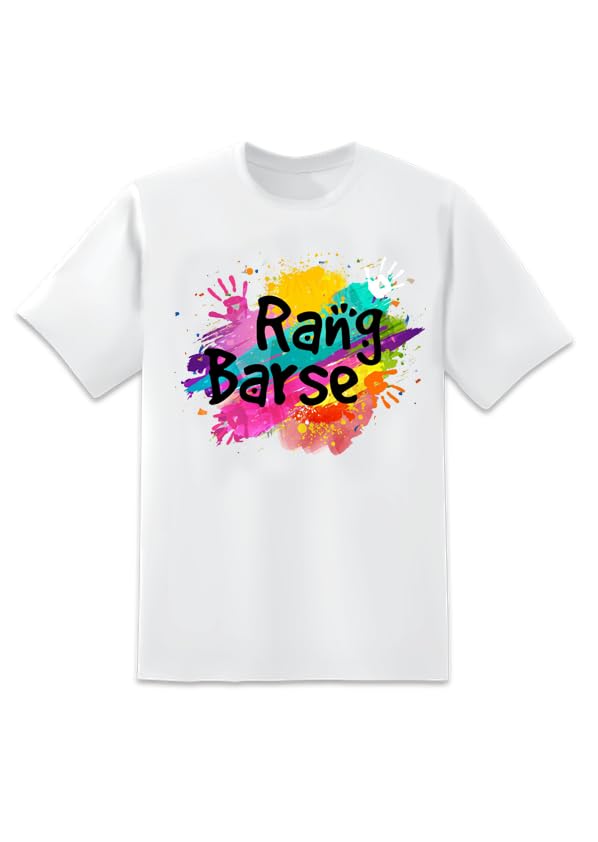 TC THE CUSTOMIZERS Polycotton Happy Holi Printed Tshirt for Men/Women | Unisex White T Shirt for Holi | Rang Barse Printed