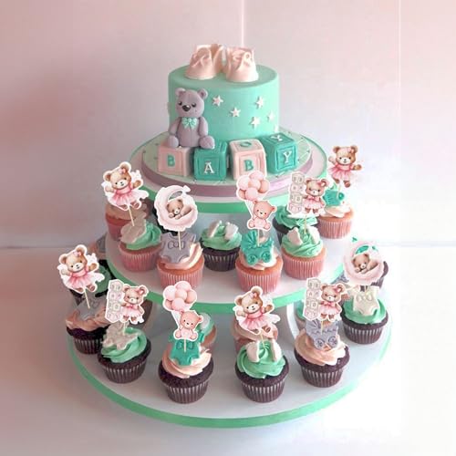 Gyufise 36pcs Moon Bear Baby & Shower Cupcake Toppers - Pink Jungle Animal Theme Cake Supplies