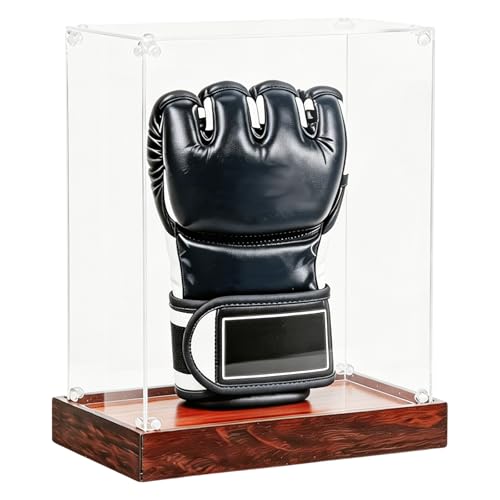 Boxing Glove Display Case with Stand MMA Box, Clear Acrylic Collectible Box for Boxing Gloves, MMA Mitts, Sports Memorabilia, Tabletop Display Baseball Glove Showcase with Wood Base, 8x4x10' UFC Box