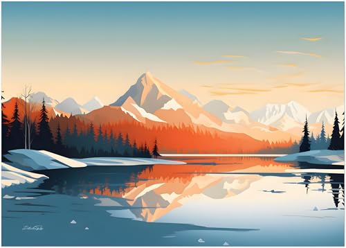 Affiche Alpes coucher de soleil : poster déco montagne et hiver pour salon moderne (50x70 cm)