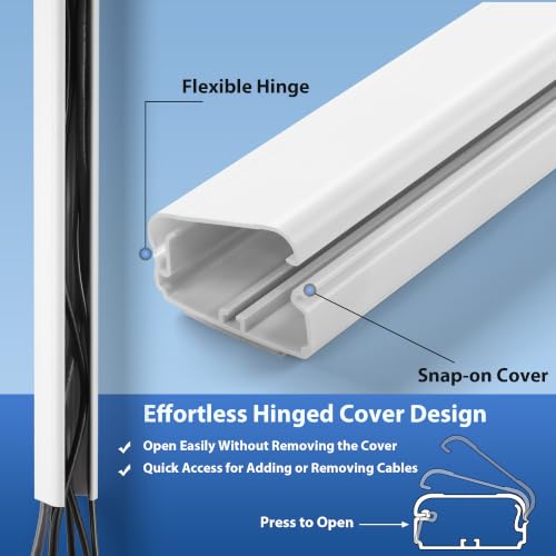 Image of ZhiYo 63in White Cord Cover, TV Cord Hider for Wall Mount, 1.5inW x 0.75inH | Fits 3-6 Cords, Portable Hinged Cover, Strong Adhesive Tape, Paintable Large Cable Management Raceway, 4 Pack (15.8in Each)
