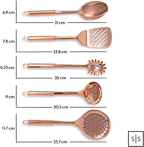 Image of Copper Cooking Utensils Set - Rose Gold Kitchen Serving Tools, 5 PCS Stainless Steel: Ladle, Spoon, Pasta Fork, Spatula, Skimmer