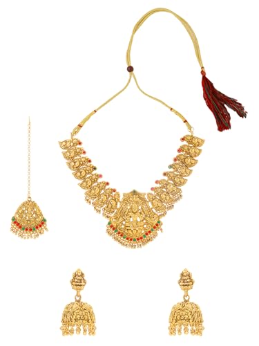 Yellow Chimes Jewellery Set for Women Gold Plated Traditional Temple Jewellery Set Antique Necklace Set with Earrings and Maangtikka for Women and Girls