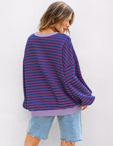 Image of UEU Women Oversized Striped Crewneck Sweatshirt Long Sleeve Color Block Pullover Tops Casual Loose Workout Shirt