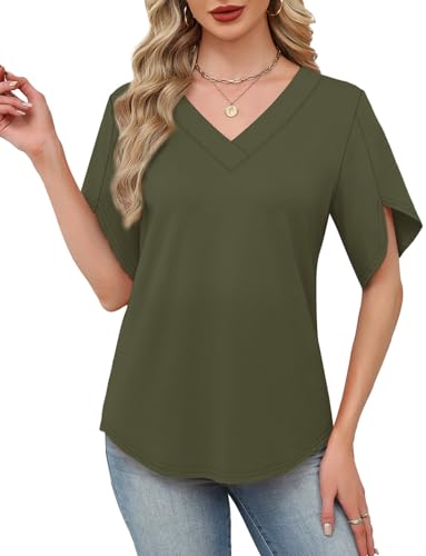 Image of WIHOLL Womens Summer Tops Short Petal Sleeve Shirts Fashion V Neck Womens Clothing