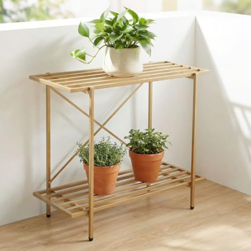 Image of ecofynd Adam Plant Stands for Outdoor Balcony, Flower Pot Stand for Indoor Plants, Large Metal Planter Stand for Living Room, home decor, Indoor & Outdoor plants, 2 Tier, (26 Inch, PS049-GO)