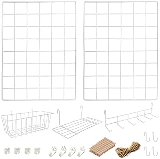 2 Pack Wire Wall Grid Panel With Accessories | Includes Hanging Basket, Shelf & Hook Rack | Complete Set | Wire Notice Board | Hanging Home, Office & Kitchen Décor | Photo Board | Metal & White