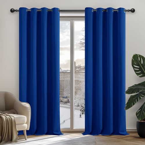 Deconovo Blackout Eyelet Curtains Thermal Insulated Ring Top Blackout Curtains for Girls Bedroom 140x260cm Royal Blue 1 Pair
