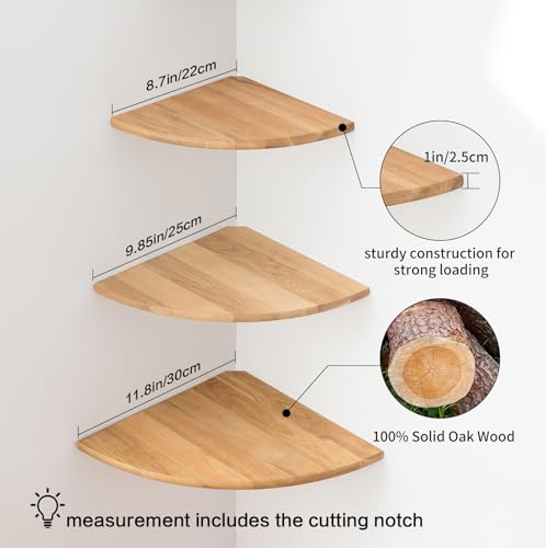 Image of Corner Shelves, Floating Corner Shelf, Set of 3 Solid Oak Wood Corner Wall Shelves, Round End with Wire Hole Shelving for Small Plant for Bedroom Kitchen, Living Room (Size 9 /10 /12in)
