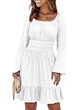 ANRABESS Womens Dress Long Lantern Sleeve Square Neck Elastic Waist Ruffle Flowy Swing A-Line Short Dresses 2025 Fall Fashion White Large