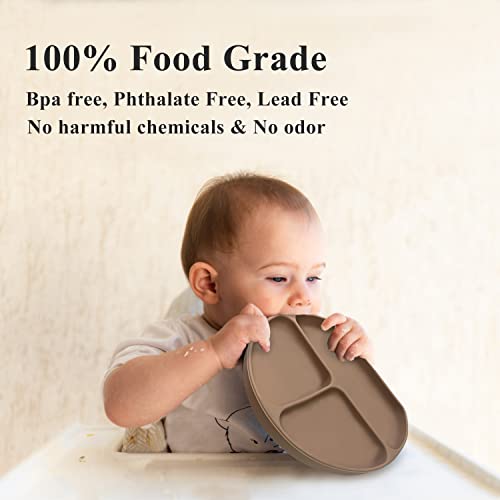 Cottonbebe Baby Plates With Suction, Non Slip Silicone Suction Plate For Baby 6-36 Months Boy & Girl, Dishwasher Safe Baby Led Weaning Supplies, Toddler Fork Spoon Utensils Set For Highchair, Brown #TOP1