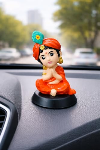 Image of Krishan Ji Sitting Open Eyes Dashboard Idol, Orange | Premium Resin, Hindu God Murti, Double-Sided Tape Base, Car & Home Temple Decor