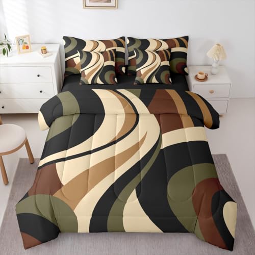 Green Brown Spiral King 7-Piece Bedding Set Modern Swirls Stripes