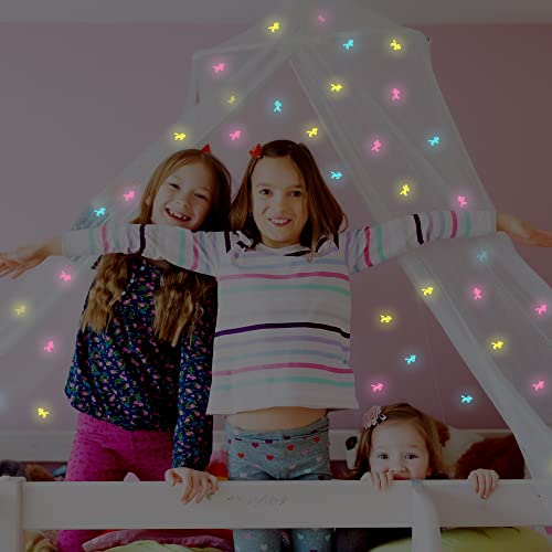Image of Canopy for Girls Bed with Pre-Glued Glow in The Dark Unicorns - Princess Mosquito Net Room Decor - Kids & Baby Bedroom Tent with Galaxy Lights - 1 Opening Canopy Bed & Hanging Kit Included