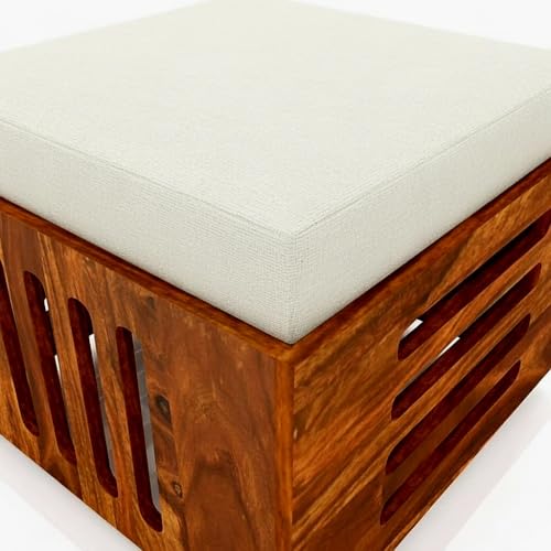Image of Solid Sheesham Wood Coffee Table for Living Room |Wooden Rectangle Coffee /Tea Table with 2 Cushioned Stools Center table with Storage Teapoye for Home, Living Room, Balcony, Natural Honey