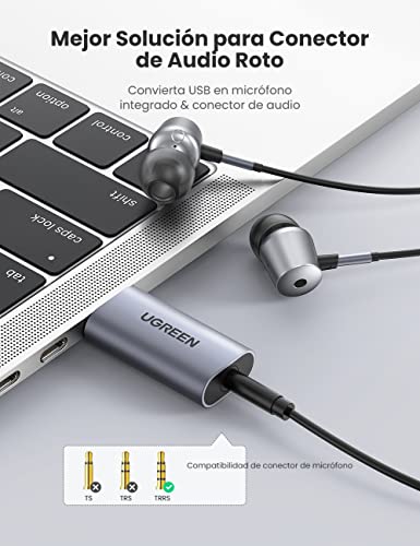 UGREEN Tarjeta de Sonido Externa Adaptador de Audio USB a Jack 3.5mm TRRS Convertidor Auxiliar para Auriculares y Micrófono Compatible con PC, MacBook, PS5/4, Altavoces - imagen 3