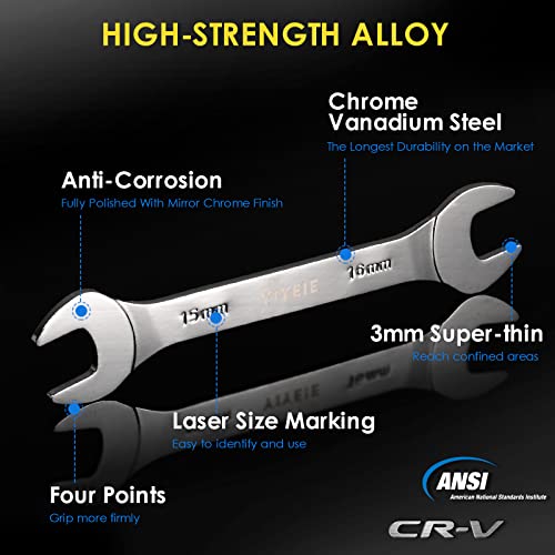 9Pc. Super-Thin Open End Wrench Set, Metric 5.5, 7, 8, 9, 10, 11, 12, 13, 14, 15, 16, 17, 19, 21, 22, 23, 24, 27 mm, CR-V Steel, Ultra-Slim Flat Wrench Set with Roll-up Pouch