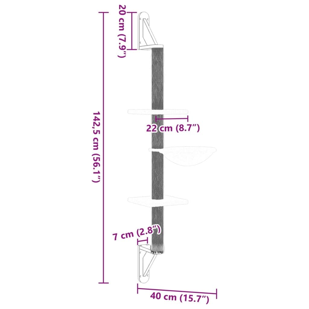 Arbre à Chat Mural Gris Clair 142,5 cm Meuble Arbre griffoir Tour Maison avec lit hamac Niche cabane Etagere Pont escalier grattoir Poteau Bois sisal pour Grimper Jouer Reposer Salon Coin
