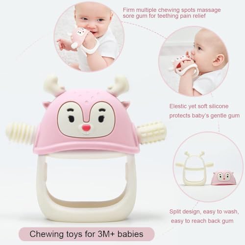 Image of Baby Teething Toy Silicone Teething Mitten for Babies Over 3 Months Anti Dropping Wrist Hand Teethers Baby Chew Toys for Sucking Needs, BPA Free (Light Pink 2 in 1)