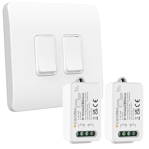 Candeo Wireless Kinetic Dual Light Switch (2-Gang) & 2 x RF Receiver Module Kit | No Wiring or Batteries Needed | Easy Installation & Eco-Friendly Modular Lighting Control | Customise Your Lights